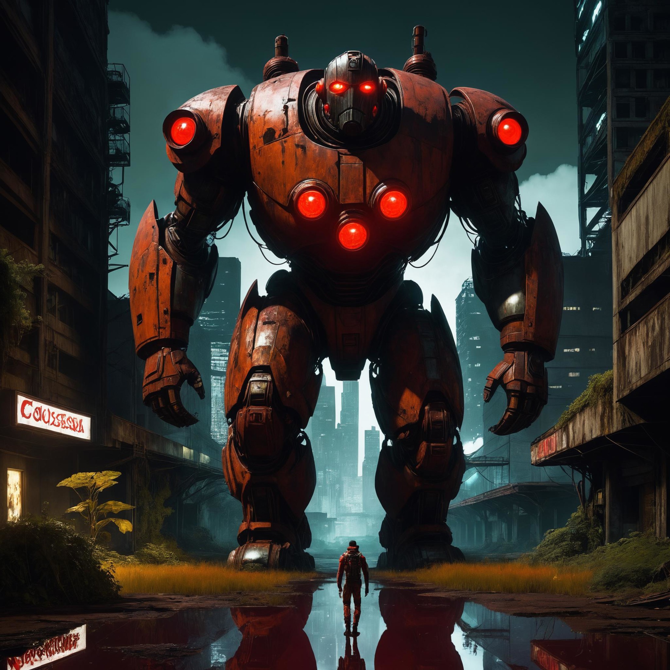 Colossus, looks at viewer, giant colossus, ((rust)), decay, ((overgrown)), horror, red glowing eys, dark cyberpunk city, n...